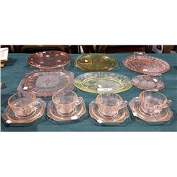 APPROX 14 PCS OF PINK AND AMBER DEPRESSION GLASS