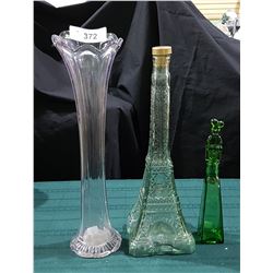 2 FIGURAL GLASS DECANTERS AND AMETHYST GLASS VASE