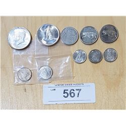 9 CANADIAN SILVER COINS AND 1 US SILVER HAT DOLLAR