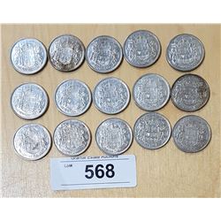 15 CANADIAN SILVER HALF DOLLARS