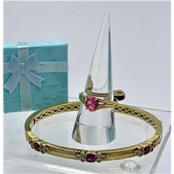 GOLD TONED STERLING SILVER BRACELET AND RING WITH PINK STONES