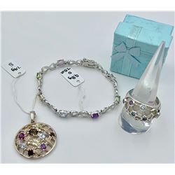 BEAUTIFUL 3 PIECE STERLING SILVER AND MULTI-COLORED RHINESTONES SET