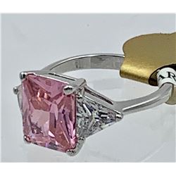 BEAUTIFUL LARGE PRINCESS CUT PINK STONE AND TRIANGLE CZ STERLING SILVER RING