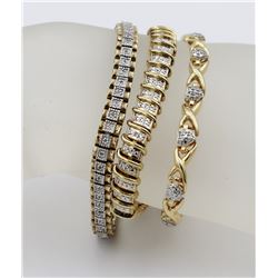 3 GOLD-TONED STERLING SILVER BRACELETS WITH MOISSANITES AND DIAMONDS