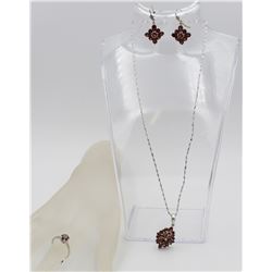 GORGEOUS REDDISH-ORANGE EARRING, NECKLACE AND RING SET .925