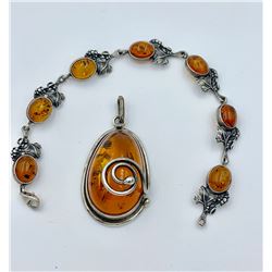 BALTIC AMBER AND STERLING SILVER PENDANT AND BRACELET