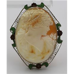 14K GOLD & ENAMAL SHELL CAMEO PIN OR PENDANT