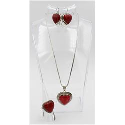 STERLING SILVER WITH RED STONES FOUR PIECE SET