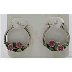 STERLING SILVER 7/8 INCH HOOP HEARRINGS WITH ENAMEL PINK FLOWERS AND GREEN LEAVE