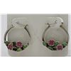 Image 1 : STERLING SILVER 7/8 INCH HOOP HEARRINGS WITH ENAMEL PINK FLOWERS AND GREEN LEAVE