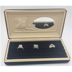 VELVET JEWELRY BOX WITH THREE STERLING SILVER RINGS