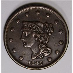 1842 LARGE CENT BEAUTIFUL COLOR XF+