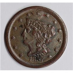 1857 HALF CENT, GLOSSY BROWN, AU, RARE DATE!