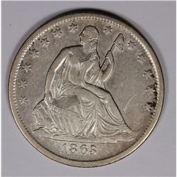 1863-S LIBERTY SEATED HALF DOLLAR, NEAR AU CIVIL WAR COIN, RARE!