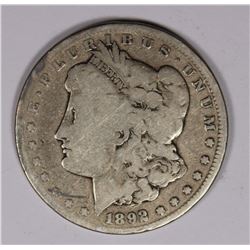 1892-CC MORGAN DOLLAR, VG, KEY COIN