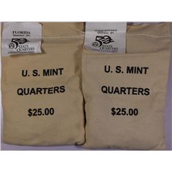 MINT SEWN BAGS $25 FACE EACH - STATE QUARTERS: FLORIDA (P) AND WISCONSIN (D)