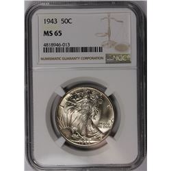 1943 WALKING LIBERTY HALF DOLLAR NGC MS-65 SNOW WHITE