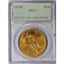 1924 $20 ST GAUDEN'S PCGS MS 63 OLD RATTLER HOLDER