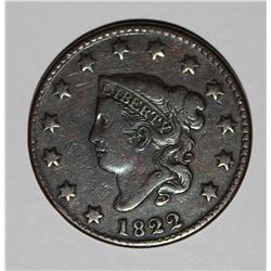 1822 LARGE CENT N-4, BEAUTIFUL VF, NICE COLOR!