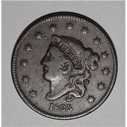 1835 LARGE CENT, VF+ BEAUTIFUL ORIGINAL