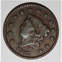 1827 LARGE CENT, SCARCE DATE, XF BEAUTIFUL COLOR