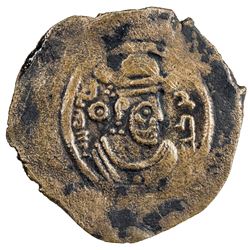 ARAB-SASANIAN: Khusraw type, ca. 680-700, AE pashiz (0.88g), NM, ND. VF