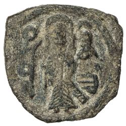 ARAB-BYZANTINE: Standing Caliph, ca. 692-697, AE fals (3.43g), al-Ruha, ND. F-VF