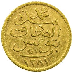 TUNIS: Muhammad al-Sadiq Bey, 1859-1882, AV 5 piastres (0.92g), Tunis, AH1281. EF-AU