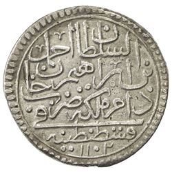 TURKEY: Ahmad II, 1691-1695, AR 1/2 kurush (20 para) (9.45g), Kostantiniye, AH1102. VF-EF