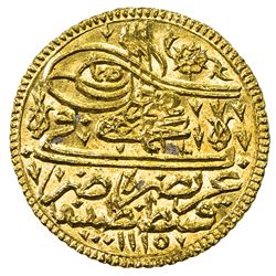 TURKEY: Ahmad III, 1703-1730, AV ashrafi (esrefi) (3.47g), Kostantiniye, AH1115. AU