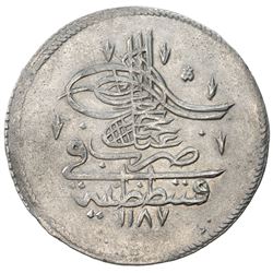 TURKEY: Abdul Hamid I, 1774-1789, AR piastre (18.58g), Kostantiniye, AH1187 year 1. EF-AU