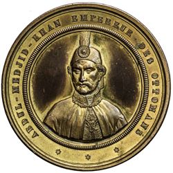 TURKEY: Abdul Mejid, 1839-1861, gilt AE medal (141.33g), 1853