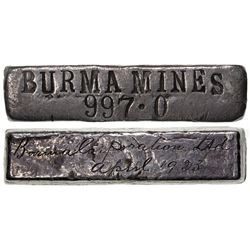BURMA: AR ingot (129.89g), silver, BURMA MINES, April 1923, English cursive script and date, VF