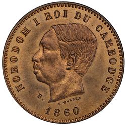 CAMBODIA: Norodom I, 1859-1904, AE 10 centimes, 1860-E. PCGS SP64
