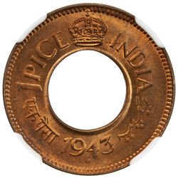 BRITISH INDIA: George VI, 1936-1947, AE pice, 1943(b). NGC MS65