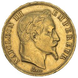 FRANCE: Napoleon III, 1852-1870, AV 50 francs (16.08g), Strasbourg, 1866-BB. VF