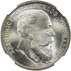 BADEN: Friedrich I, gross herzog, 1856-1907, AR 2 mark, 1907-G. NGC MS65