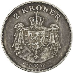 NORWAY: Haakon VII, 1905-1957, AR 2 kroner, 1907. VF