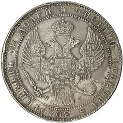 POLAND: Nicholas I, of Russia, 1825-1855, AR 10 zlotych (1 1/2 roubles), St. Petersburg, 1833. VF