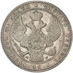 POLAND: Nicholas I, of Russia, 1825-1855, AR 10 zlotych (1 1/2 roubles), Warsaw, 1836. VF-EF
