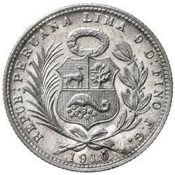 PERU: Republic, AR 1/5 sol, 1910/00, KM-205.2, assayer FG, scarce overdate, lovely light tone, UNC