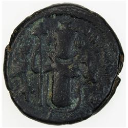 ARAB-BYZANTINE: Standing Emperor, ca. 680-690, AE fals (3.81g), Dimashq, ND. VF