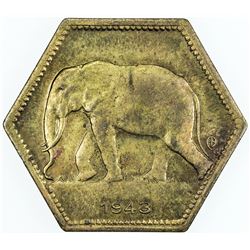 BELGIAN CONGO: Leopold III, 1934-1950, 2 francs, 1943. EF-AU