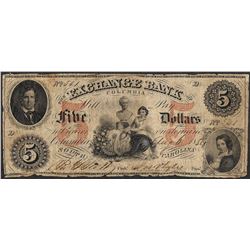 1854 $5 Exchange Bank of Columbia, SC Obsolete Note