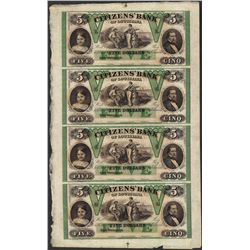 Uncut Sheet of 1800's $5 Citizens Bank of Louisiana Obsolete Notes