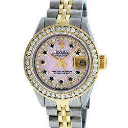 Rolex Ladies Two Tone 14K Pink MOP Sapphire String Diamond Datejust Watch