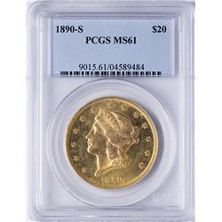 1890-S $20 Liberty Head Double Eagle Gold Coin PCGS MS61