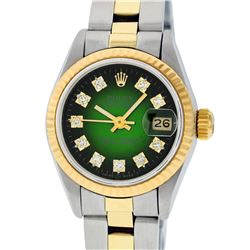 Rolex Ladies Two Tone 14K Green Vignette Diamond 26MM Datejust Watch