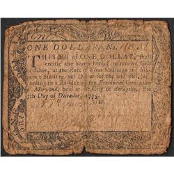 December 7, 1775 $1 Maryland Colonial Currency Note