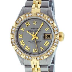 Rolex Ladies Two Tone 14K Gray & Pyramid Diamond Datejust Wristwatch